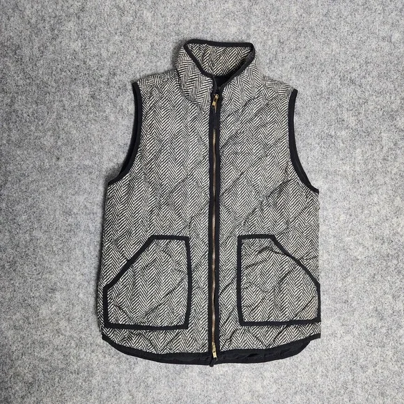 J Crew Quilted Puffer Vest Women L Down Blend Black Gray Herringbone Chevron - Picture 1 of 5